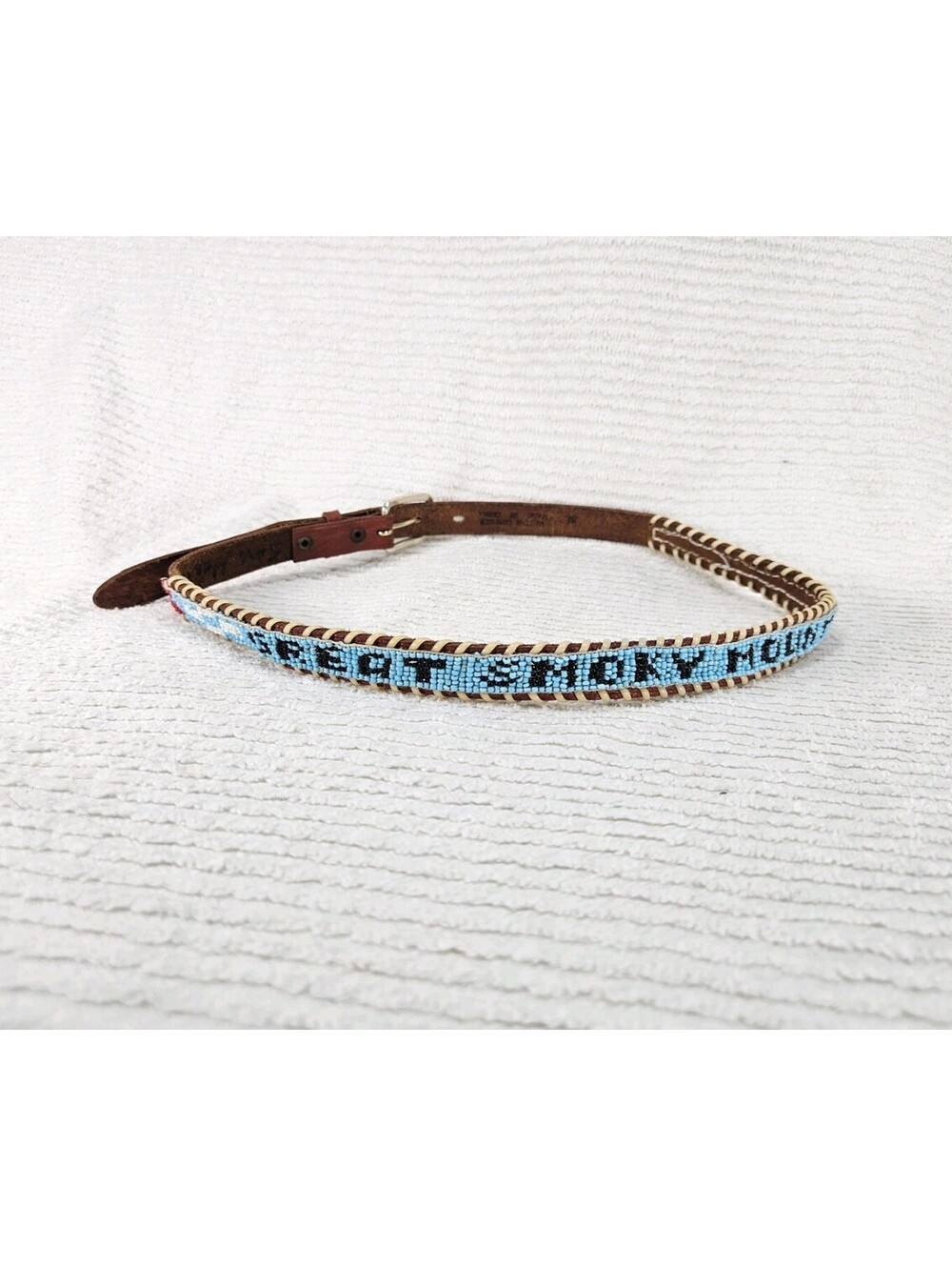 Vintage 1970s Bead Souvenir Belt 28-32" Great Smoky Mountains Tooled China Retro